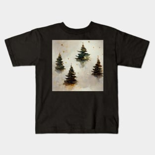 Watercolor Winter Christmas Trees, Gold and Green Kids T-Shirt